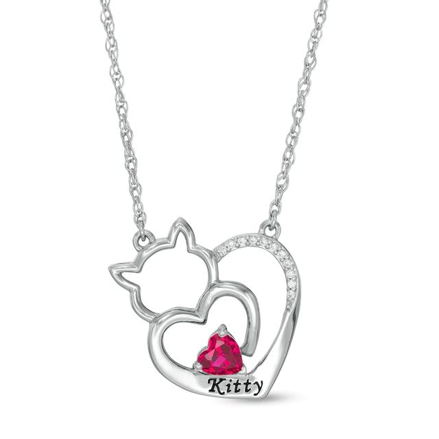 Simulated Birthstone and Diamond Accent Engravable Cat Heart Necklace in Sterling Silver (1 Stone and Line)|Peoples Jewellers