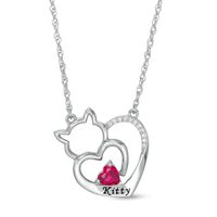 Simulated Birthstone and Diamond Accent Engravable Cat Heart Necklace in Sterling Silver (1 Stone and Line)|Peoples Jewellers