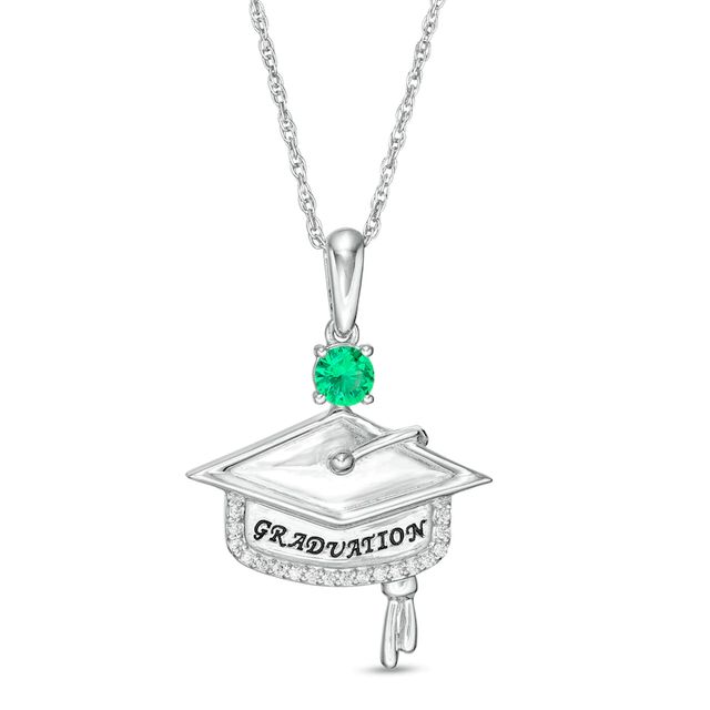 Simulated Birthstone and 1/20 CT. T.W. Diamond Engravable Graduation Cap Pendant in Sterling Silver (1 Stone and Line)|Peoples Jewellers