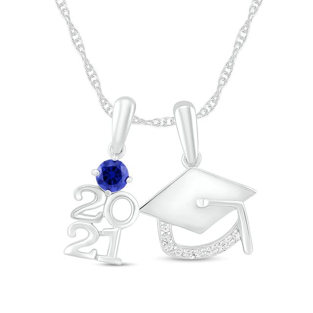Simulated Birthstone and Diamond Accent Graduation Cap Class Year Charm Pendant in Sterling Silver (1 Stone and Year)|Peoples Jewellers