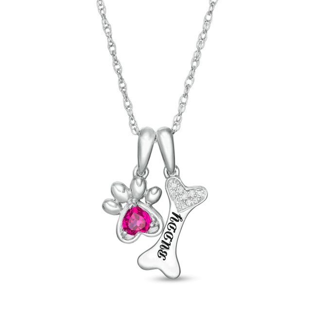 Simulated Birthstone and Diamond Accent Paw Print and Dog Bone Charm Pendant in Sterling Silver (1 Stone and Line)|Peoples Jewellers