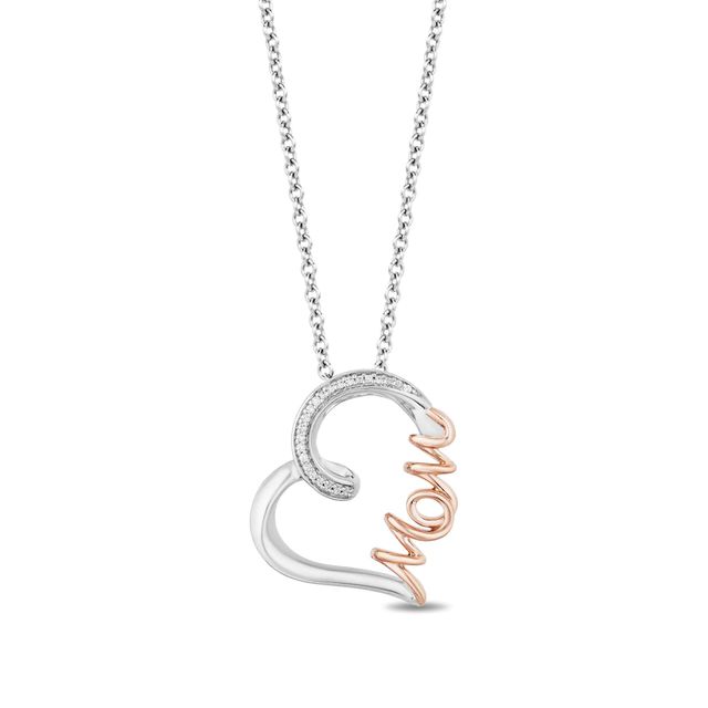 Hallmark Diamonds Family 0.04 CT. T.W. Diamond "MOM" Tilted Heart Pendant in Sterling Silver and 10K Rose Gold|Peoples Jewellers
