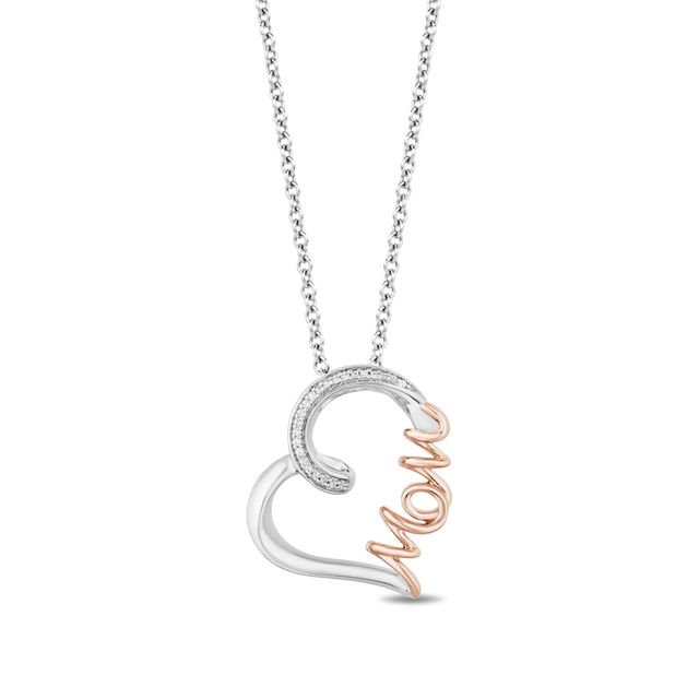 Hallmark Diamonds Family 0.04 CT. T.W. Diamond "MOM" Tilted Heart Pendant in Sterling Silver and 10K Rose Gold