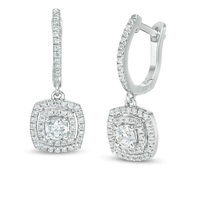 0.95 CT. T.W. Certified Lab-Created Diamond Double Cushion Frame Drop Earrings in 14K White Gold (F/SI2)|Peoples Jewellers