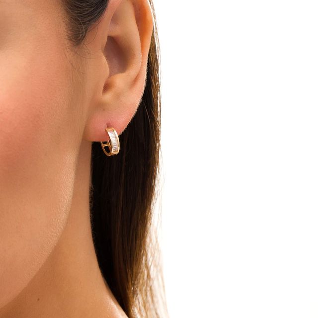 Baguette Cubic Zirconia Huggie Hoop Earrings in 14K Gold|Peoples Jewellers