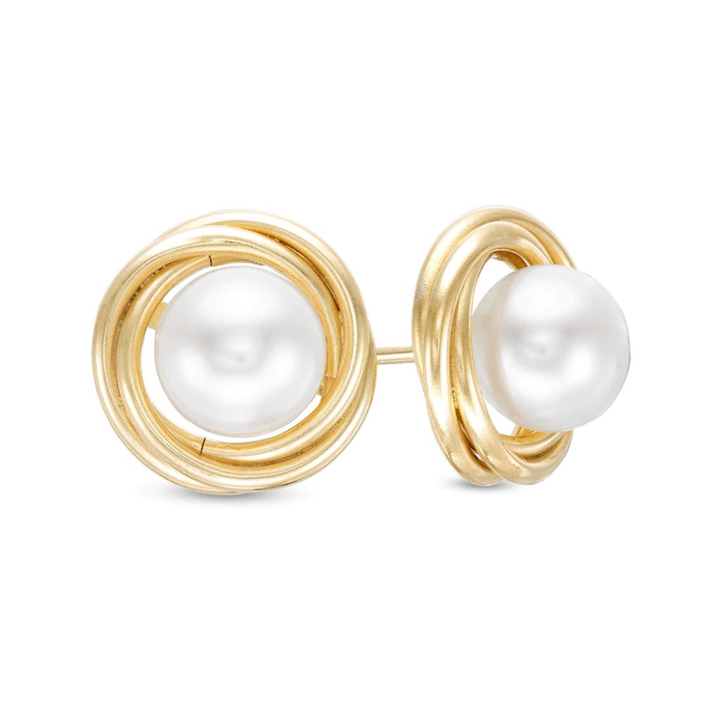 6.0mm Freshwater Cultured Pearl Love Knot Stud Earrings in 14K Gold|Peoples Jewellers