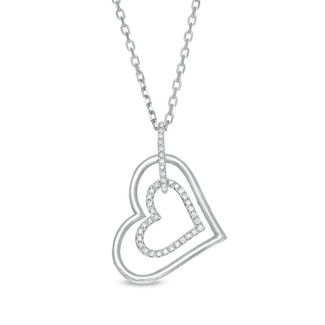 Vera Wang Love Collection 0.115 CT. T.W. Diamond Tilted Double Heart Outline Pendant in Sterling Silver - 19"|Peoples Jewellers