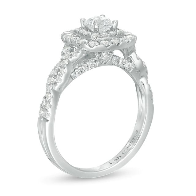 1.00 CT. T.W. Certified Cushion-Cut Lab-Created Diamond Frame Twist Shank Engagement Ring in 14K White Gold (F/SI2)|Peoples Jewellers
