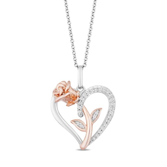 Enchanted Disney Belle 0.085 CT. T.W. Diamond Rose and Heart Pendant in Sterling Silver and 10K Rose Gold - 19"|Peoples Jewellers