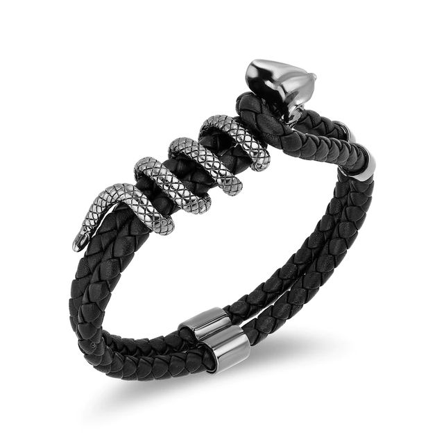 Enchanted Disney Men's Cobra Black Leather Bracelet in Sterling Silver - 8.5"|Peoples Jewellers