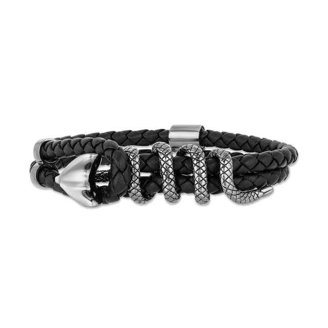 Enchanted Disney Men's Cobra Black Leather Bracelet in Sterling Silver - 8.5"|Peoples Jewellers