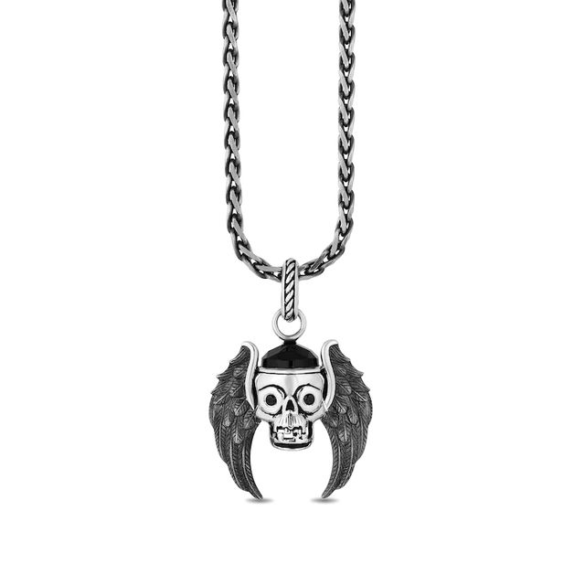 Enchanted Disney Men's Onyx and 0.065 CT. T.W. Enhanced Black Diamond Skull with Wings Pendant in Sterling Silver - 22"|Peoples Jewellers