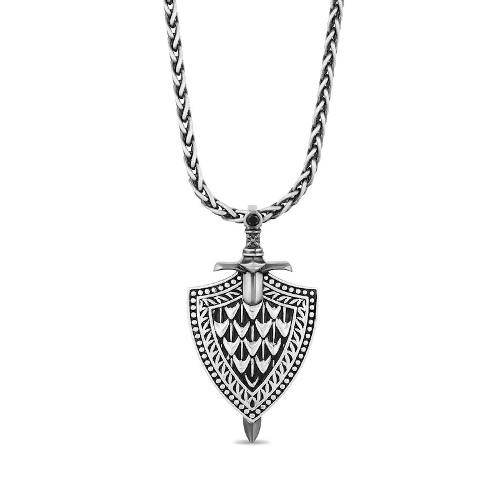 Enchanted Disney Men's 0.065 CT. Enhanced Black Diamond Oxidized Sword and Shield Pendant in Sterling Silver - 22"|Peoples Jewellers