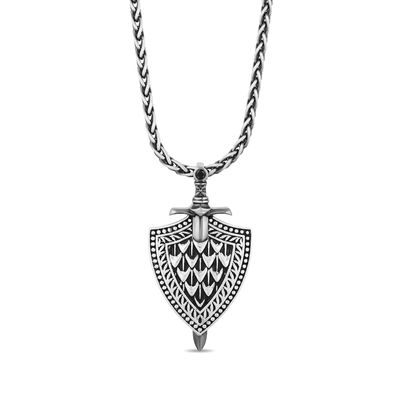 Enchanted Disney Men's 0.065 CT. Enhanced Black Diamond Oxidized Sword and Shield Pendant in Sterling Silver - 22"|Peoples Jewellers