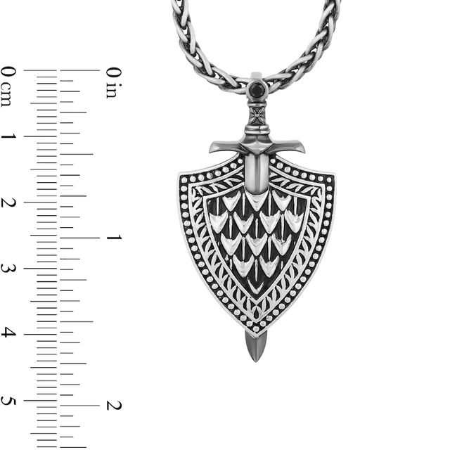 Enchanted Disney Men's 0.065 CT. Enhanced Black Diamond Oxidized Sword and Shield Pendant in Sterling Silver - 22"