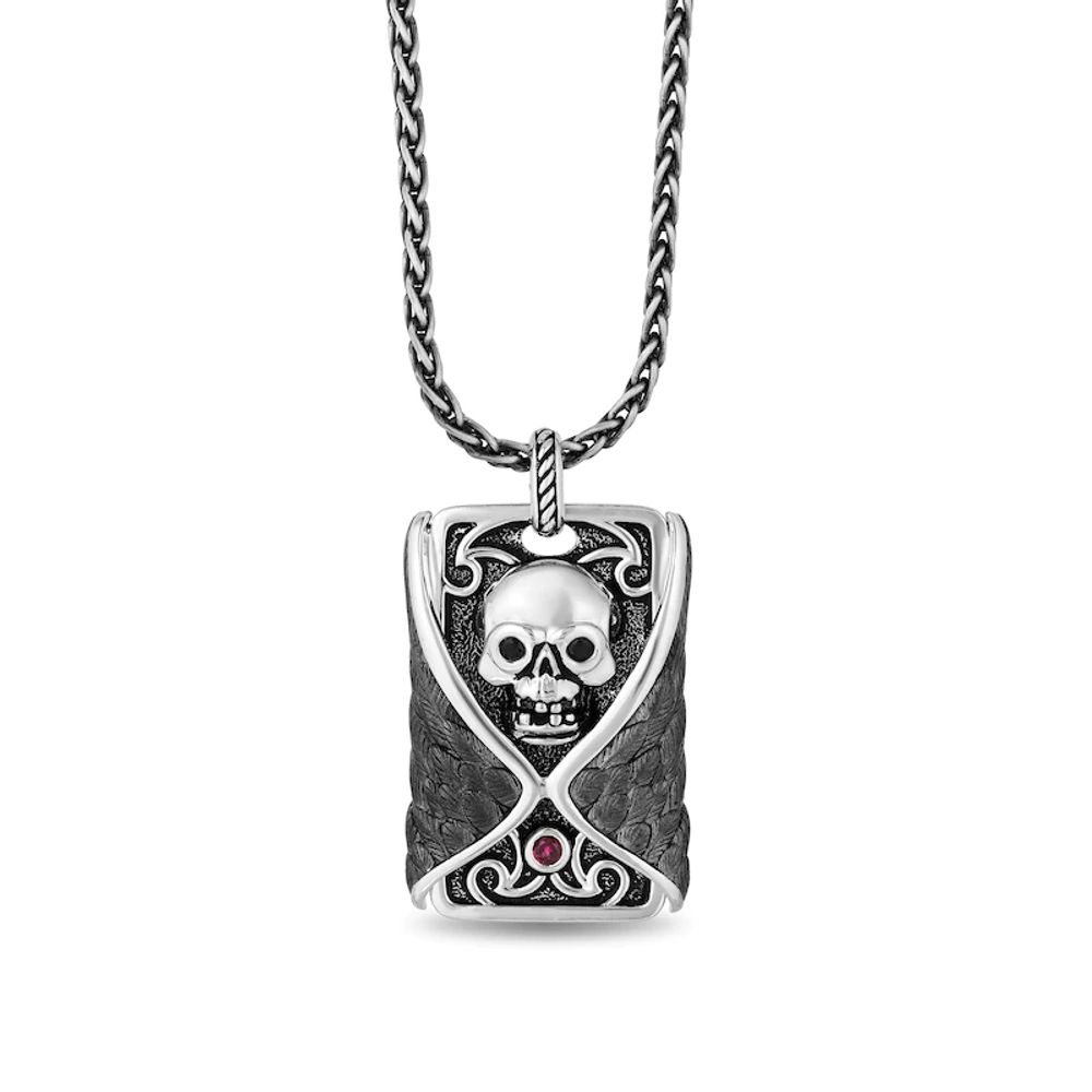 Enchanted Disney Men's Ruby and 0.115 CT. T.W. Enhanced Black Diamond Skull Dog Tag Pendant in Sterling Silver - 22"|Peoples Jewellers