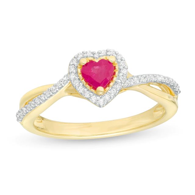 4.0mm Heart-Shaped Ruby and 0.12 CT. T.W. Diamond Split Shank Crossover Ring in 10K Gold|Peoples Jewellers