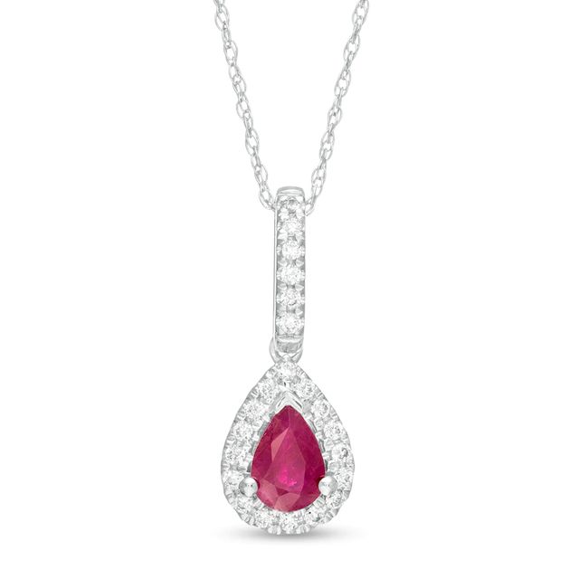 Pear-Shaped Ruby and 0.13 CT. T.W. Diamond Teardrop Pendant in 10K White Gold|Peoples Jewellers