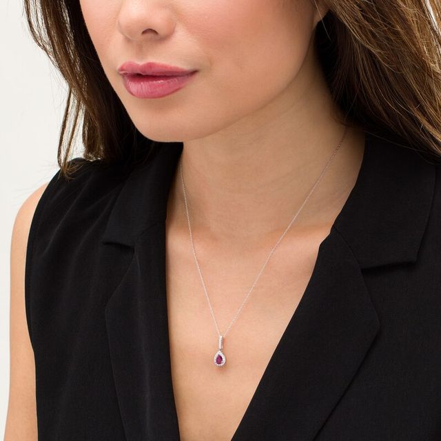 Pear-Shaped Ruby and 0.13 CT. T.W. Diamond Teardrop Pendant in 10K White Gold|Peoples Jewellers