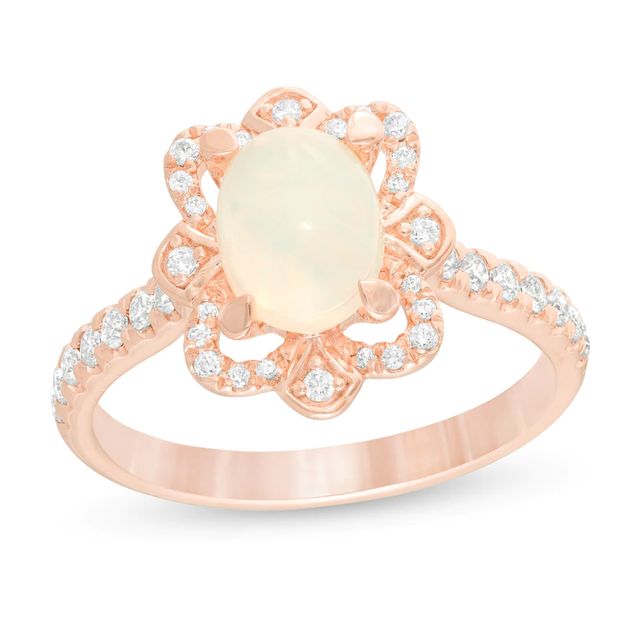 Oval Opal and 0.33 CT. T.W. Diamond Flower Frame Ring in 10K Rose Gold