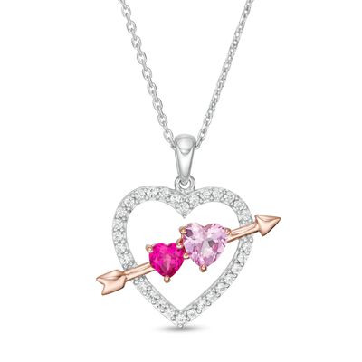 Lab-Created Ruby and Pink and White Sapphire Heart with Arrow Pendant in Sterling Silver and 14K Rose Gold Plate|Peoples Jewellers