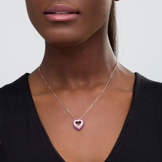 Lab-Created Ruby and White Sapphire Heart Outline Pendant in Sterling Silver|Peoples Jewellers