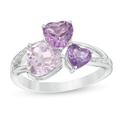 Multi-Colour Amethyst and Diamond Accent Heart Trio Split Shank Ring in Sterling Silver|Peoples Jewellers