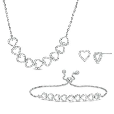 0.30 CT. T.W. Diamond Heart Necklace, Bolo Bracelet and Stud Earrings Set in Sterling Silver|Peoples Jewellers