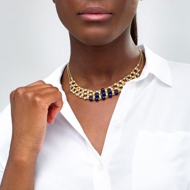 Navy Blue Enamel and Diamond-Cut Bead Bib Necklace in 14K Gold|Peoples Jewellers