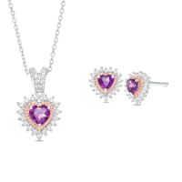 Amethyst and Lab-Created White Sapphire Heart Pendant and Stud Earrings Set in Sterling Silver and 14K Rose Gold Plate|Peoples Jewellers