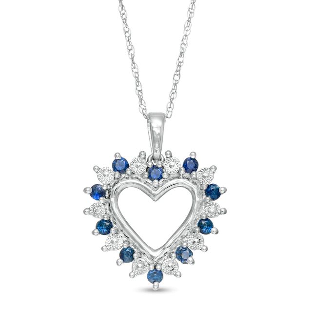 Blue Sapphire and Diamond Accent Shadow Heart Pendant in 10K White Gold