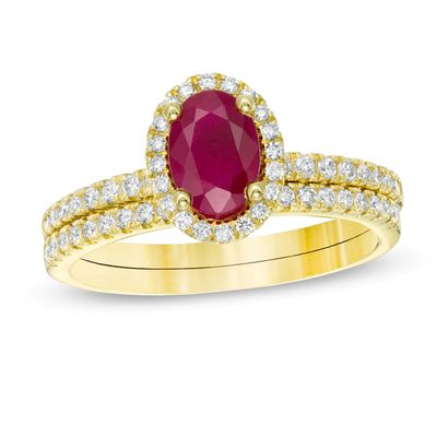 Oval Ruby and 0.33 CT. T.W. Diamond Frame Bridal Set in 14K Gold|Peoples Jewellers