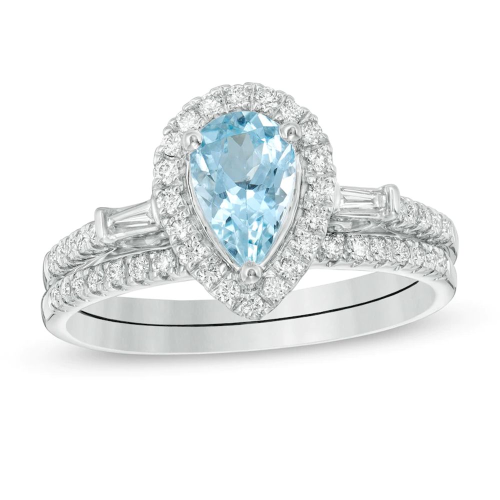 Pear-Shaped Aquamarine and 0.40 CT. T.W. Diamond Frame Bridal Set in 14K White Gold|Peoples Jewellers