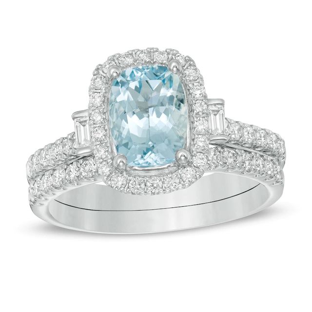 Cushion-Cut Aquamarine and 0.60 CT. T.W. Diamond Frame Bridal Set in 14K White Gold