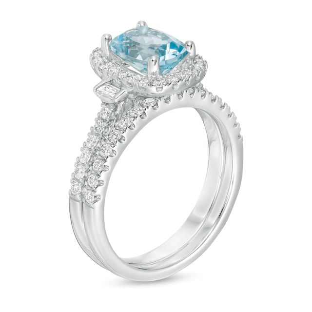 Cushion-Cut Aquamarine and 0.60 CT. T.W. Diamond Frame Bridal Set in 14K White Gold|Peoples Jewellers