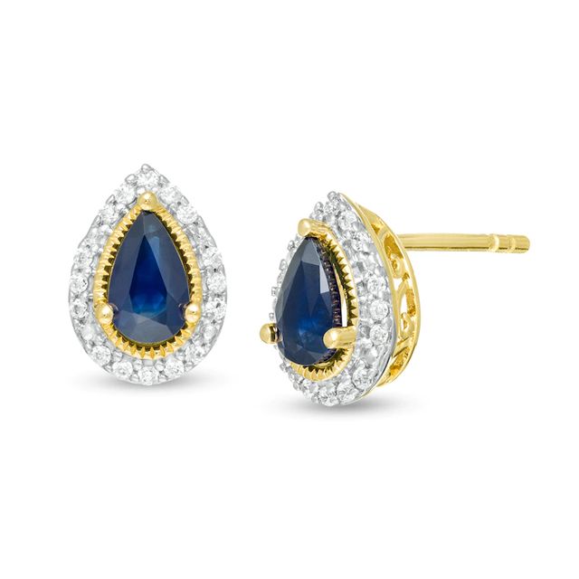 Pear-Shaped Blue Sapphire and 0.07 CT. T.W. Diamond Frame Stud Earrings in 10K Gold|Peoples Jewellers
