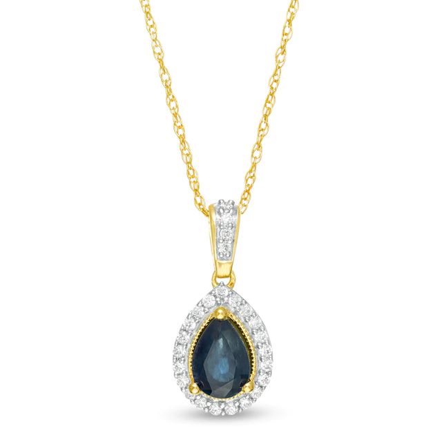 Pear-Shaped Blue Sapphire and 0.08 CT. T.W. Diamond Frame Pendant in 10K Gold|Peoples Jewellers