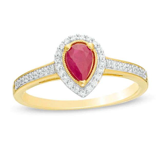 Pear-Shaped Ruby and 0.10 CT. T.W. Diamond Frame Ring in 10K Gold