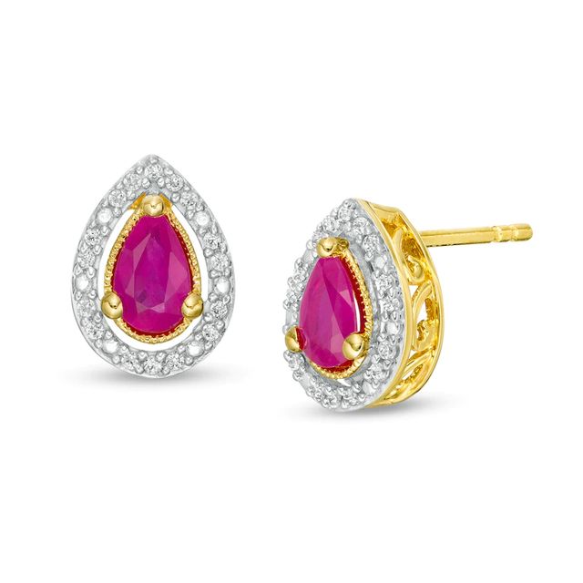 Pear-Shaped Ruby and 0.07 CT. T.W. Diamond Frame Vintage-Style Stud Earrings in 10K Gold|Peoples Jewellers