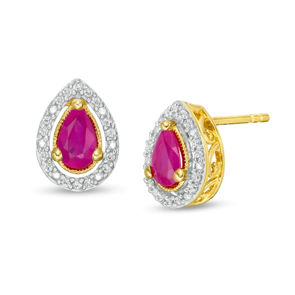Pear-Shaped Ruby and 0.07 CT. T.W. Diamond Frame Vintage-Style Stud Earrings in 10K Gold|Peoples Jewellers