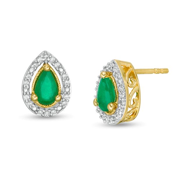 Pear-Shaped Emerald and 0.07 CT. T.W. Diamond Frame Vintage-Style Stud Earrings in 10K Gold