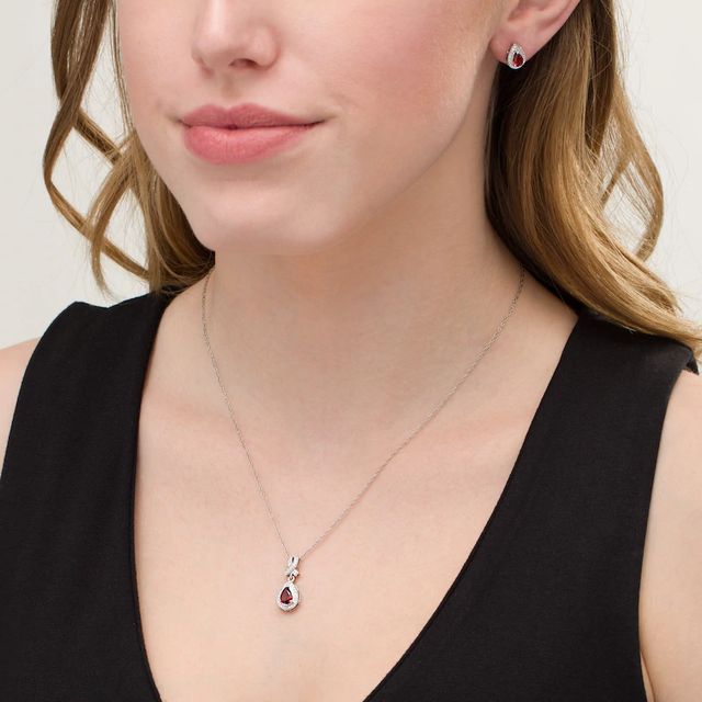 Pear-Shaped Garnet and Diamond Accent Teardrop Frame Pendant and Stud Earrings Set in Sterling Silver|Peoples Jewellers