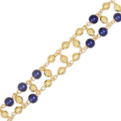 Navy Blue Enamel and Diamond-Cut Bead Bracelet in 14K Gold - 7.75"|Peoples Jewellers