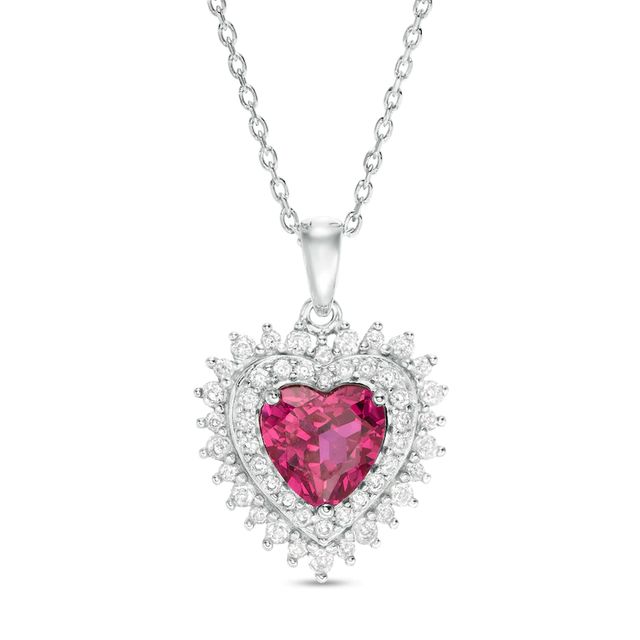 7.0mm Lab-Created Ruby and White Sapphire Starburst Frame Heart Pendant in Sterling Silver|Peoples Jewellers