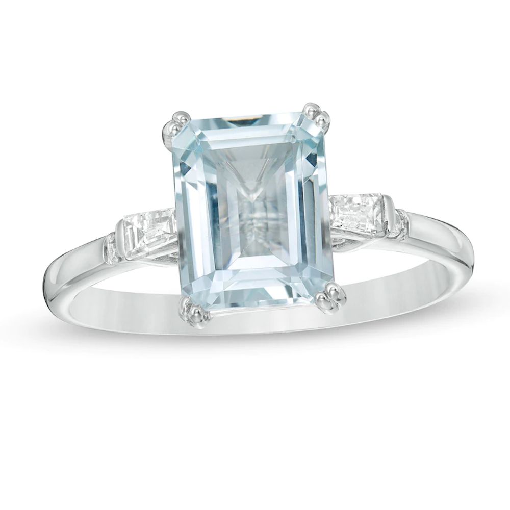 Emerald-Cut Aquamarine and 0.12 CT. T.W. Diamond Engagement Ring in 14K White Gold|Peoples Jewellers