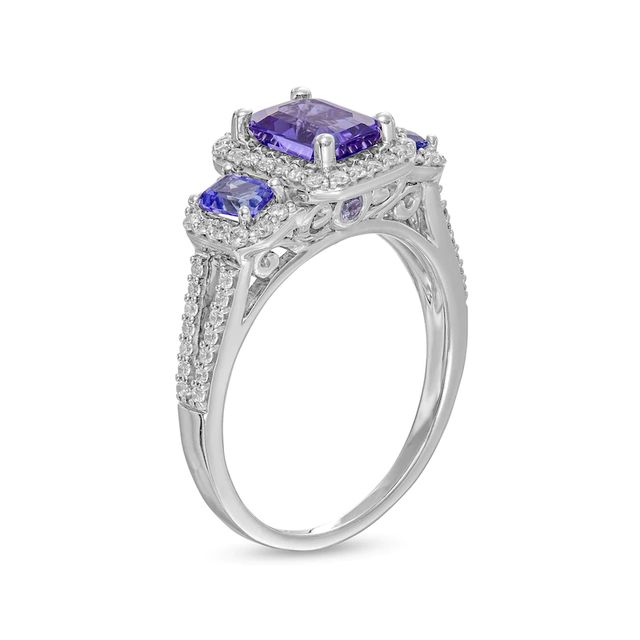 Emerald-Cut Tanzanite and 0.33 CT. T.W. Diamond Frame Three Stone Split Shank Engagement Ring in 14K White Gold|Peoples Jewellers