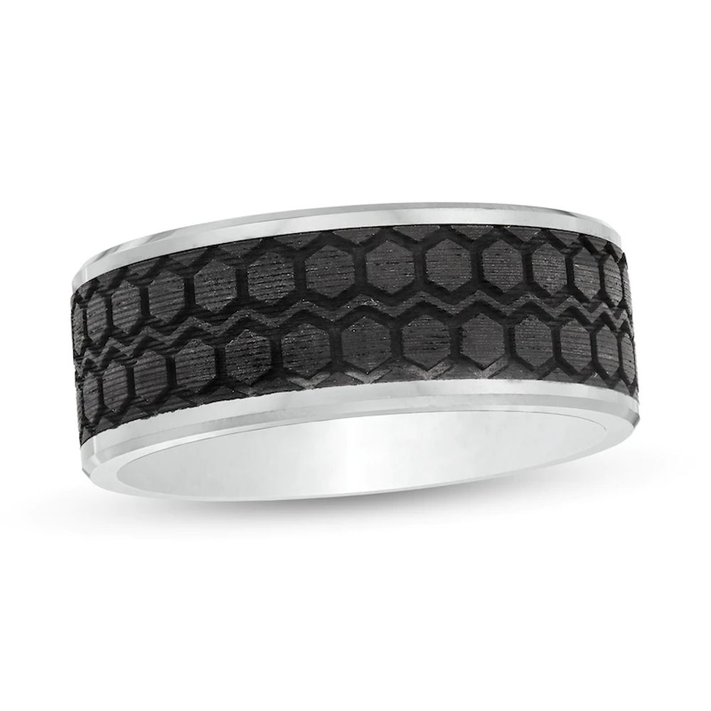 Men's 10.0mm Tire Tread Carbon Fibre Inlay Wedding Band in Tungsten - Size 10|Peoples Jewellers