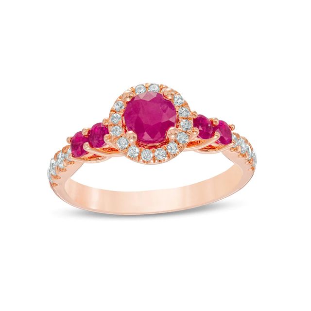 5.0mm Ruby and 0.33 CT. T.W. Diamond Frame Engagement Ring in 14K Rose Gold|Peoples Jewellers