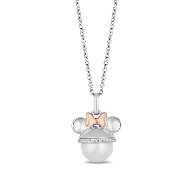 Mickey Mouse & Minnie Mouse 9.0mm Freshwater Cultured Pearl and 0.085 CT. T.W. Diamond Pendant in Sterling Silver-19"