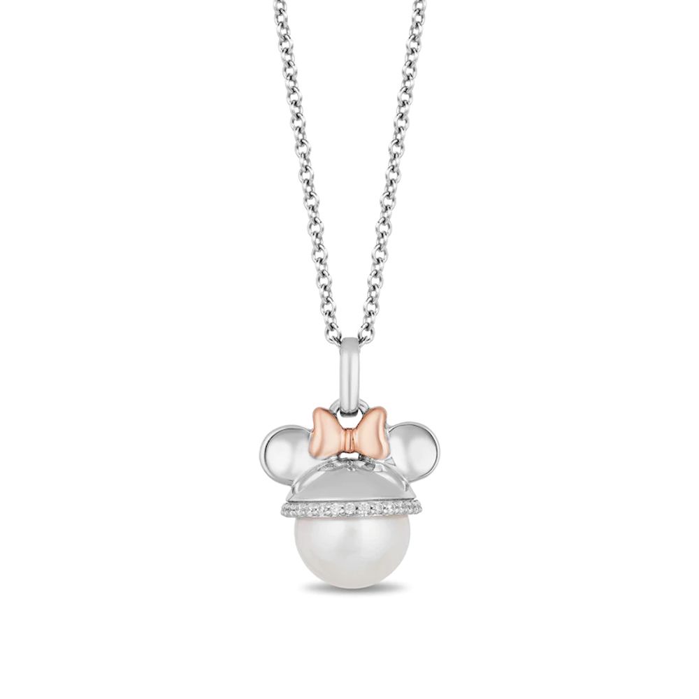 Mickey Mouse & Minnie Mouse 9.0mm Freshwater Cultured Pearl and 0.085 CT. T.W. Diamond Pendant in Sterling Silver-19"|Peoples Jewellers